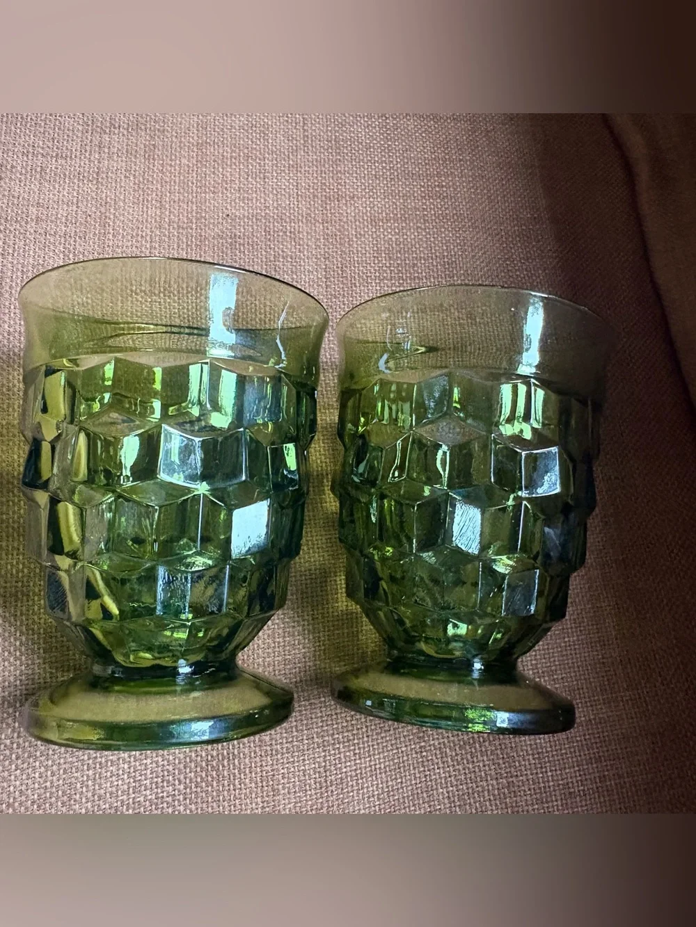 Vtg 60s Indiana Glass Whitehall Colony Cubist Avocado Green Footed 9 Oz Glasses